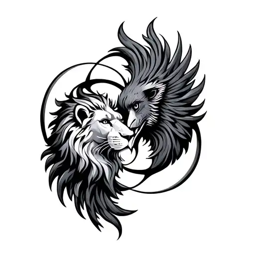 infinity symbol with lion head on one side and phoenix in the other side tattoo design idea