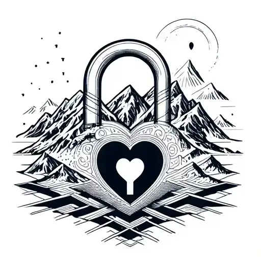 mountain growing above a heart shaped lock tattoo design idea