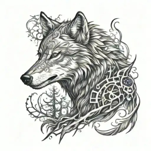 wolf tattoo, right deltoid or right pectoral, scratch or claw marks, foreground forest, background steampunk in the claw tattoo design idea