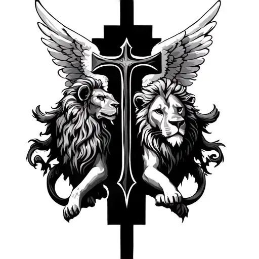 lion and cross on back with angel wings tattoo design idea