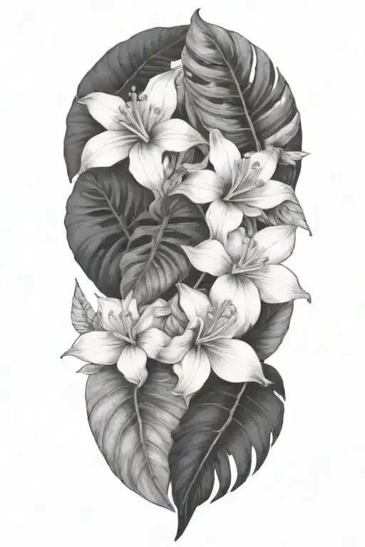 tropical leaves with flowers and dinosaur skull tattoo design idea