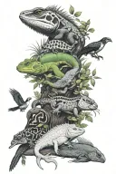 dog,cat,fish,ball python,iguana,hamster,gunipig,spider,scorpion,Pegion,cock,bull,goat,parrot and trees all in one tattoo tattoo design idea