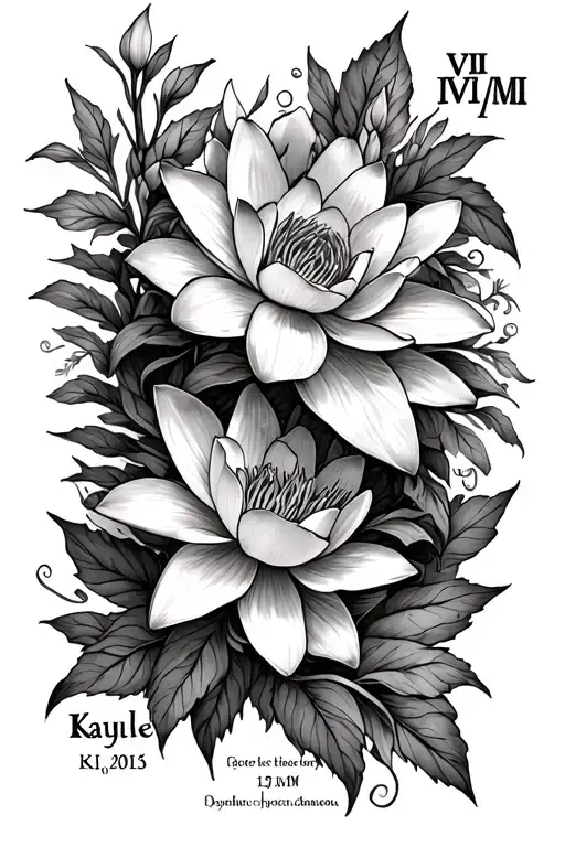 generate a tattoo with VII/IX/MMI, Kaylee, and a larkspur and waterlily wrapping around the name and date. tattoo design idea