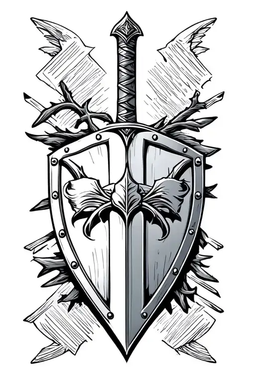 strength courage Roman sword and shield tattoo design idea