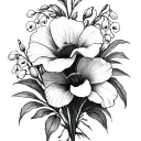 Create a delicate minimalist fine line 4x4 side wrist tattoo of a birth month  bouquet with Lilly of the valley, poppy i tattoo design idea