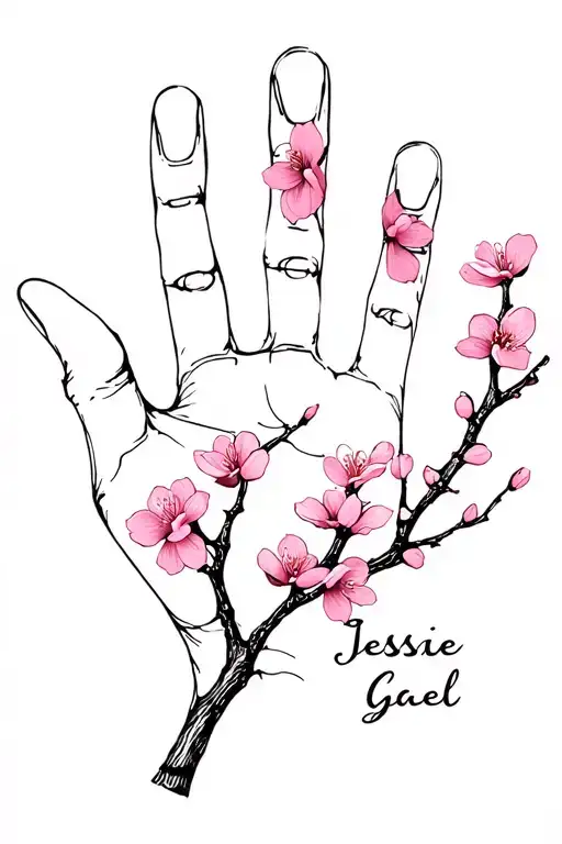 "Jessie Gael" black and white baby hand print with a few pink cherry blossom branch tattoo design idea