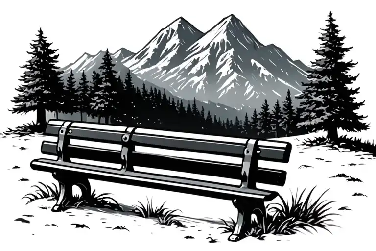 mountain and park bench minimal tattoo design idea