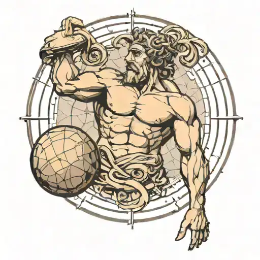 Greek god atlas holding a sphere above head in geometric design. incorporating Roman numerals 19 & 21 within the sphere tattoo design idea