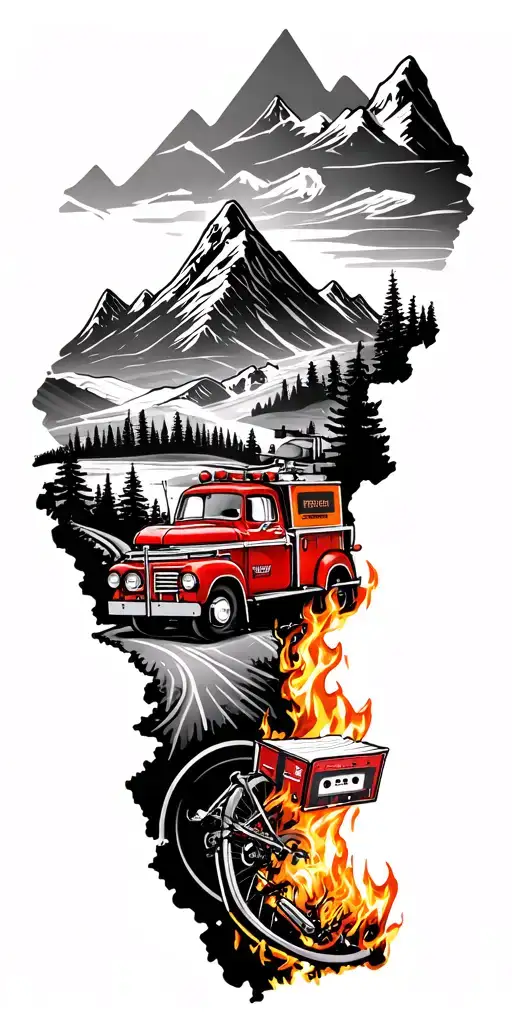 map with landmarks with road, mountains, trex fire truck, mountain bike drum set, cassette tape, book on fire, tattoo design idea