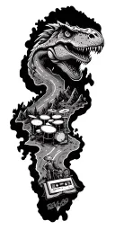 map with landmarks with road, mountains, trex fire truck, mountain bike drum set, cassette tape, book on fire, tattoo design idea