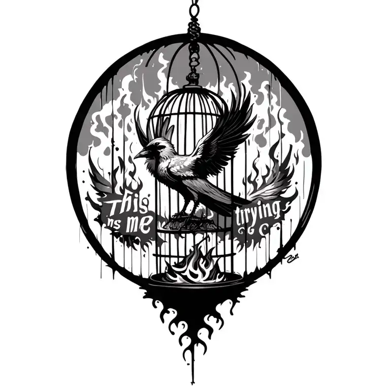 "This is me trying" "This is me trying"  underneath Bird Cage with a Phoenix rising from the ashes inside tattoo design idea