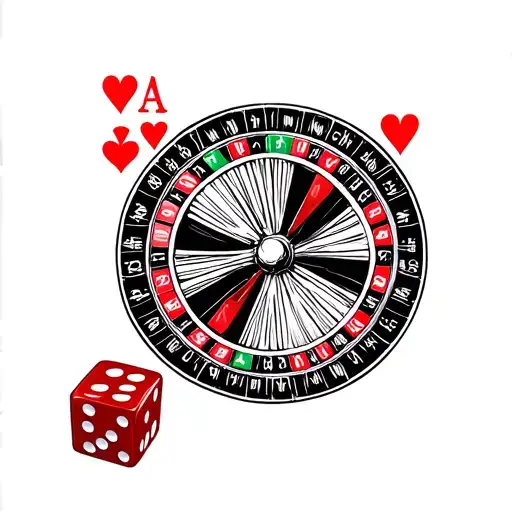 queen of hearts card with pair of dice rolling and with half of roulette wheel tattoo design idea