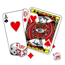 queen of hearts card with pair of dice rolling and with half of roulette wheel tattoo design idea