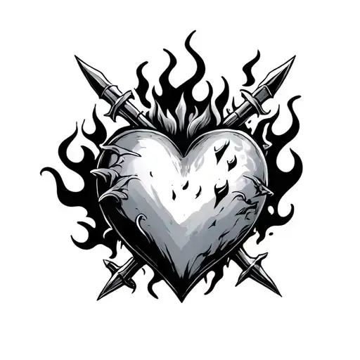 Heart with Flames and daggers hidding among them tattoo design idea