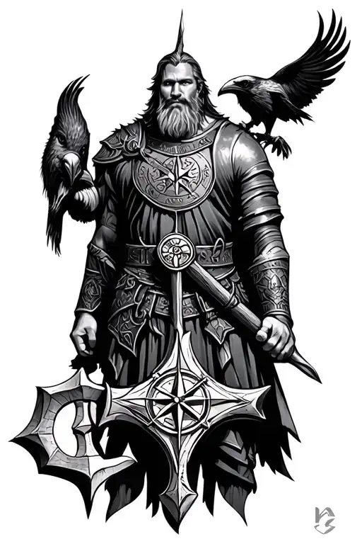 Viking warrior full sleeve tattoo featuring Viking compass Thors hammer and odins ravens  tattoo design idea
