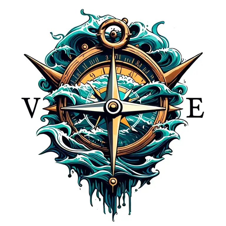 compass with anchor and ocean waves tattoo design idea