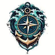 compass with anchor and ocean waves tattoo design idea