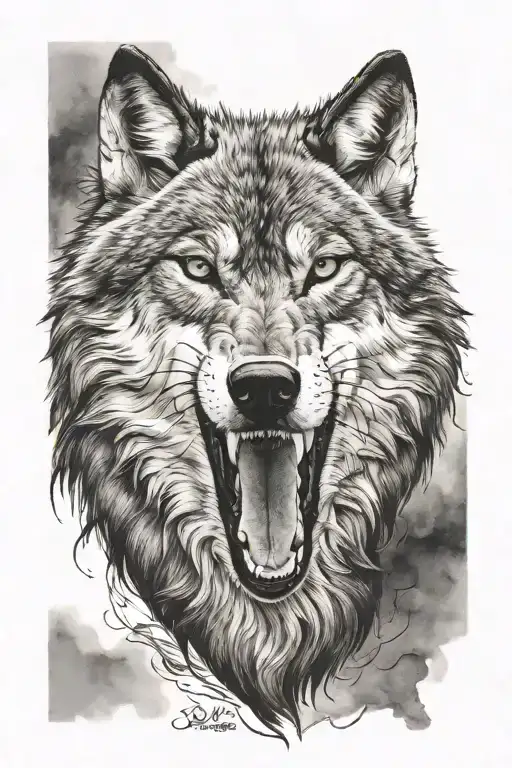 Angry gray wolf, realistic, beautiful, shades of gray tattoo design idea