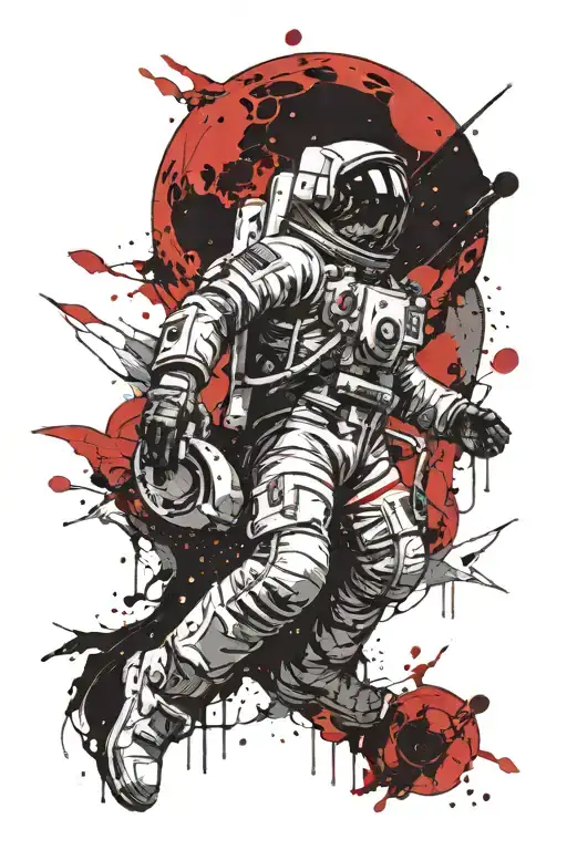  an astronaut in the image of the fallen angel (no face) in space. full moon above (half shadowed). space in  background tattoo design idea