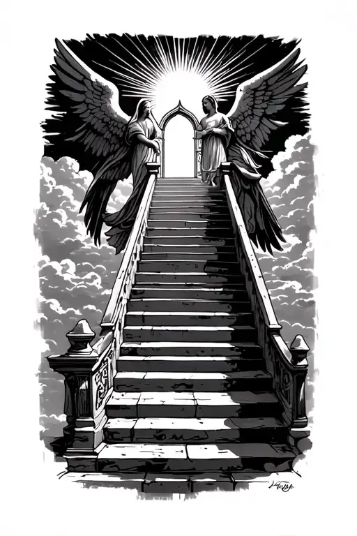 stairway to heaven walking up stairs angels sun rays clouds heaven gate at the top of the stairs  tattoo design idea