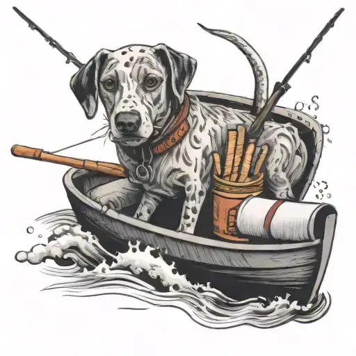 A fishing rod made out of hot dogs, with a dog reading a book sitting on a boat tattoo design idea