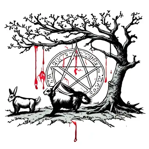 a rabbit hanging from a tree with a goat drawing a pentagram with the rabbit's blood tattoo design idea