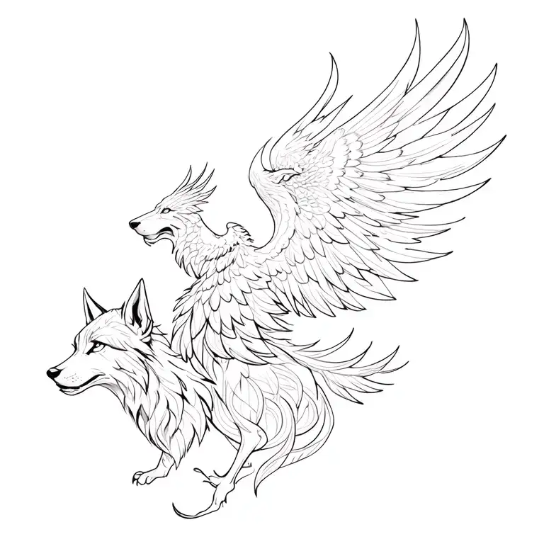 phoenix and female wolf tattoo design idea