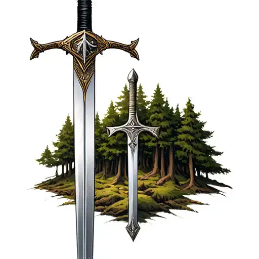 a forest with a sword in the middle guarded by the Templars tattoo design idea
