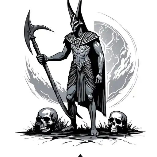 Anubis Standing holding a sickle with skulls at his feet tattoo design idea