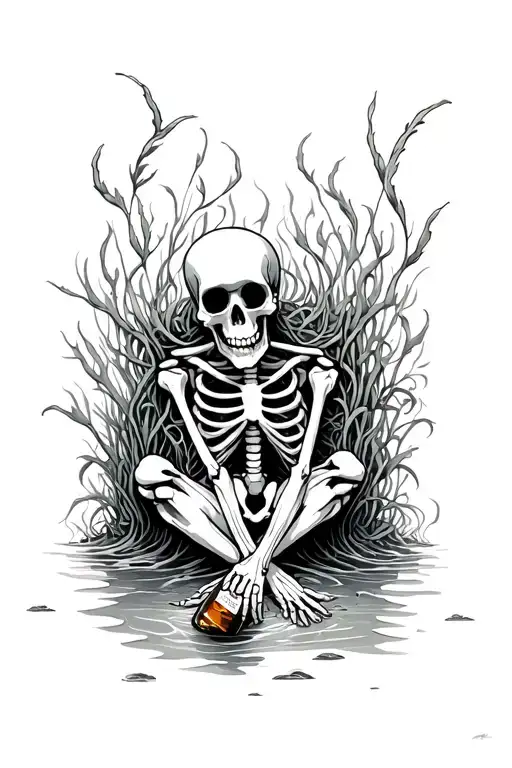 depressed skeleton sitting on the ocean floor tangled in sea weed holding a bottle of whiskey tattoo design idea