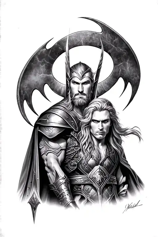 Thor and Loki realism black and white tattoo design idea
