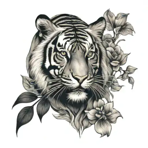 tiger walking flowers tattoo design idea