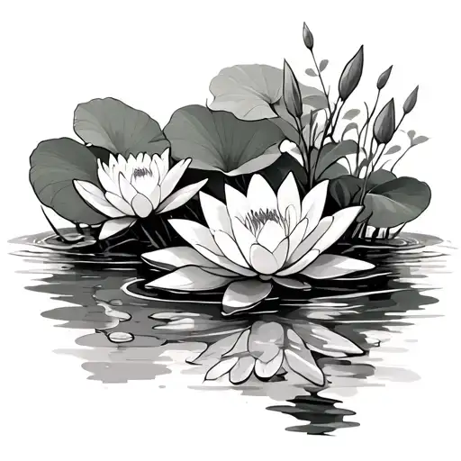 A calming scene of a tranquil pond surrounded by lush green leaves and blooming waterlilies, capturing the essence of peace and harmony tattoo design idea