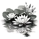 A calming scene of a tranquil pond surrounded by lush green leaves and blooming waterlilies, capturing the essence of peace and harmony tattoo design idea