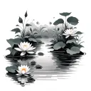 A calming scene of a tranquil pond surrounded by lush green leaves and blooming waterlilies, capturing the essence of peace and harmony tattoo design idea