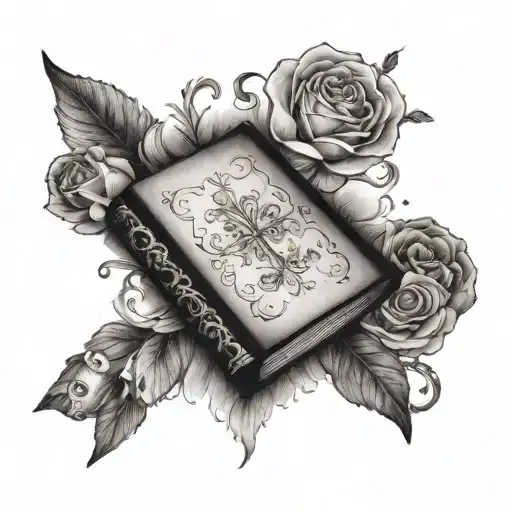 Create an imagine of a small wrist tattoo on a white pale skin. The tatto will contain an open book of the story, Alice' tattoo design idea