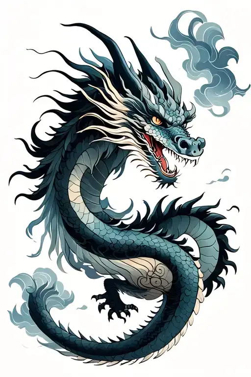 A majestic Asian-style dragon ascends into the sky, its long, sinuous body coiling dynamically around the central spine. tattoo design idea