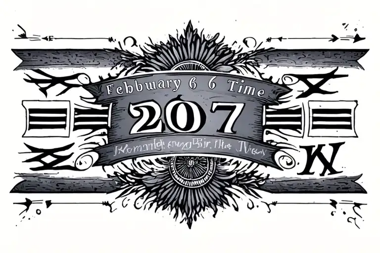 Roman numerals of the birthday February 6 2007 with the phrase Tied by time connected in somehow horizontally  tattoo design idea