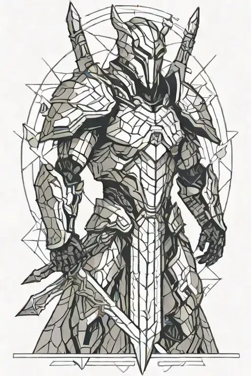 futuristic armored warrior holding a sickle illuminated tattoo design idea