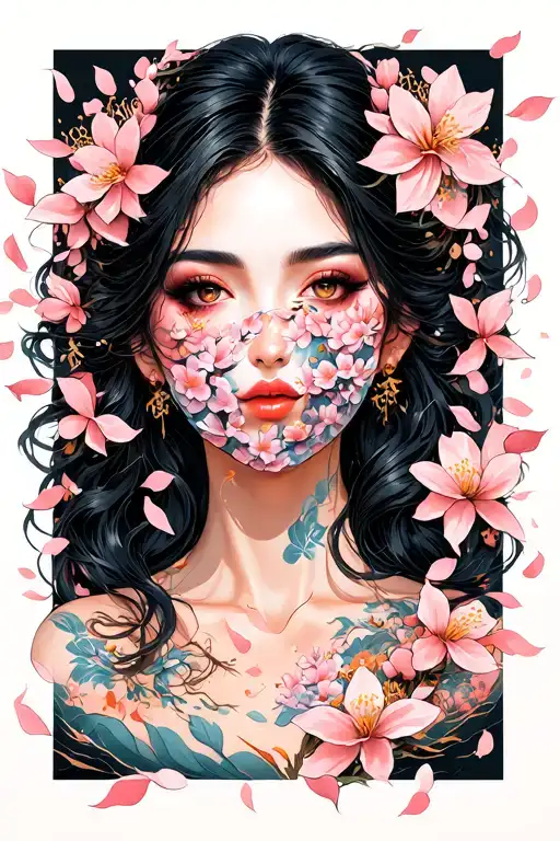sexy female face covered in blossom petals falling tattoo design idea