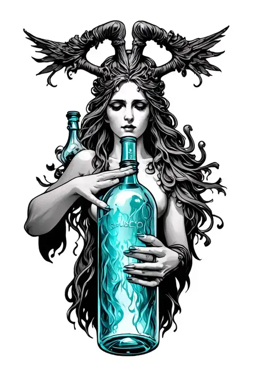 create a tattoo of hecate holding a bottle aqua tofana bottle tattoo design idea