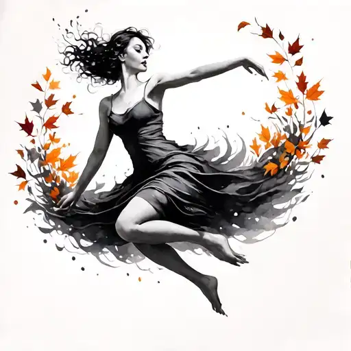 woman levitating with autumn leaves swirling around her floral minimal design watercolour tattoo design idea