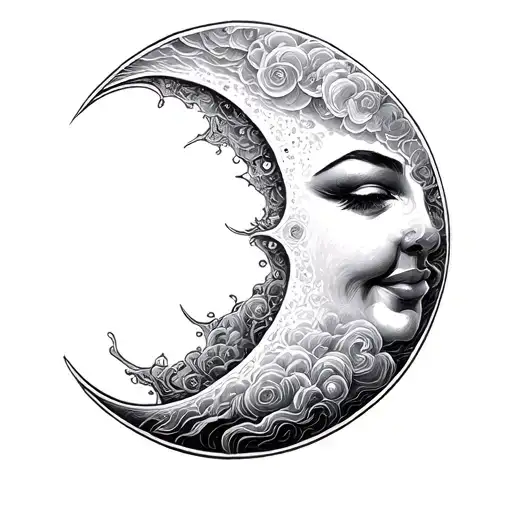 psychadelic clouds fantasy smiling moon tattoo design idea