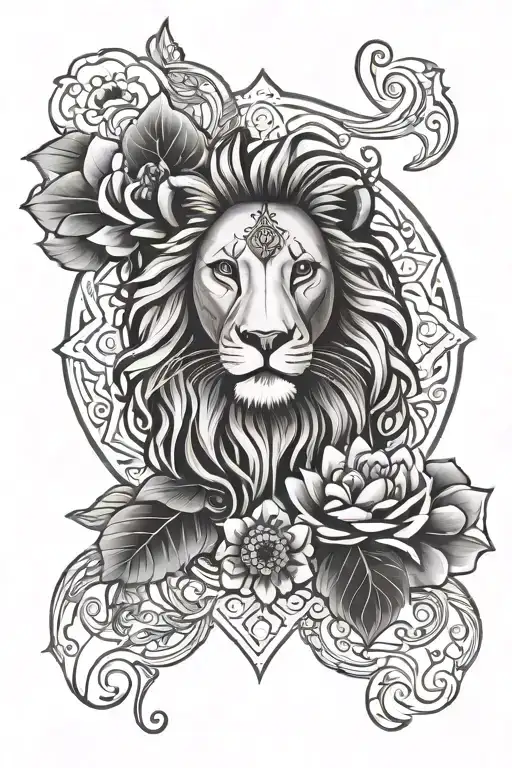 lion mandala unalome symbol with lotus tattoo design idea