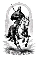 Imam Hussain ( Arab warrior) riding a majestic horse in a traditional style tattoo design idea
