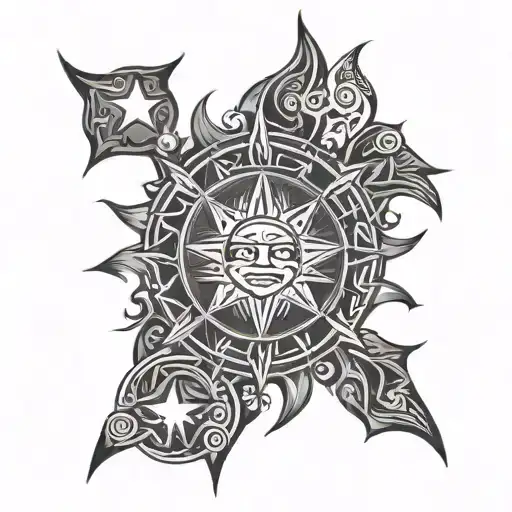 philippine sun with three stars in line under it, with tribal designs and smoke tattoo design idea
