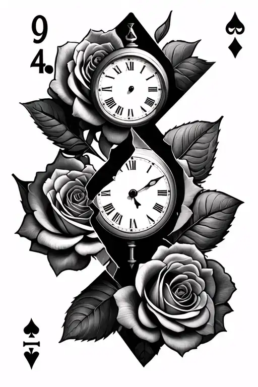 roses with a clock broke into 4 peices with a ace of spade in the middle  tattoo design idea