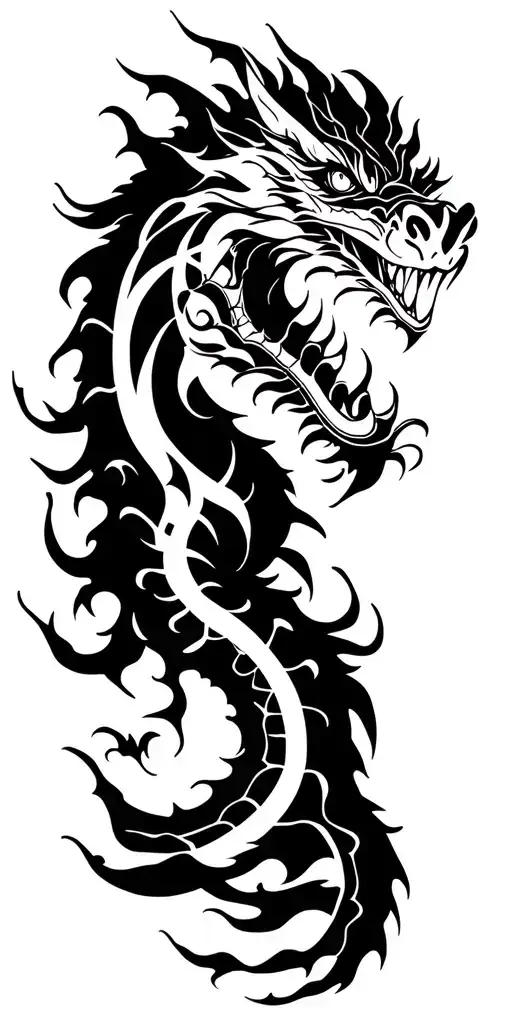 dragon around the arm, mouth on shoulder with the sol of may in the mouth  tattoo design idea