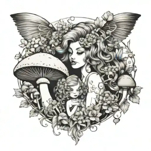 big hair fairytale scene 2 sister and a mother flowers mushrooms garden pretty tattoo design idea