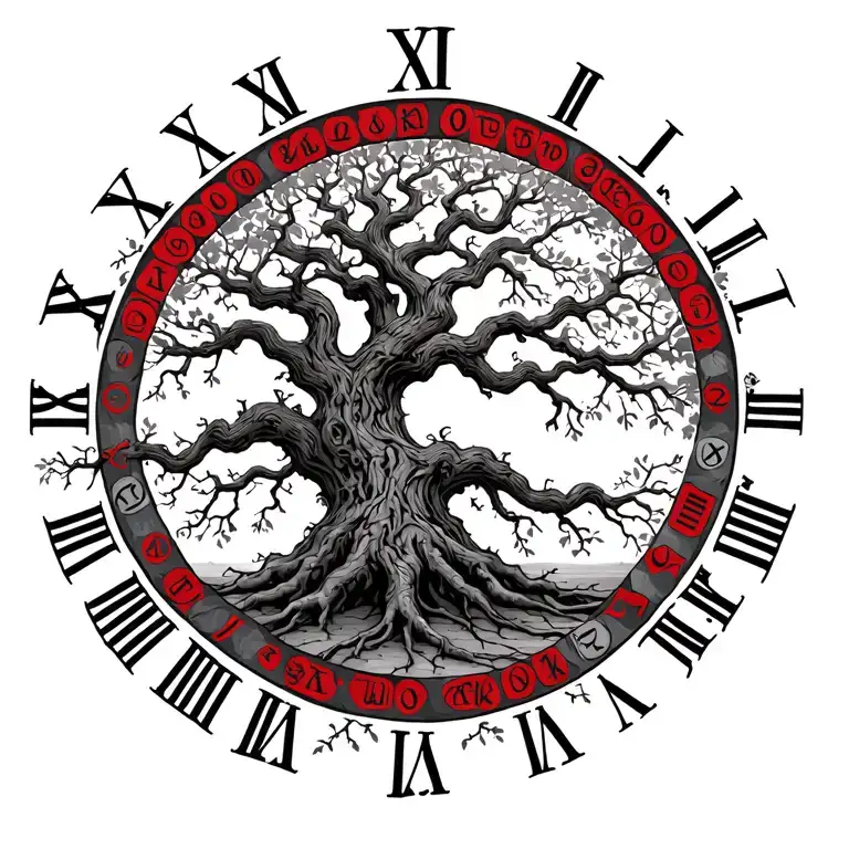 ash tree surrounded by Roman numerals with a few being red and it all connecting by roots and branches tree of life and  tattoo design idea